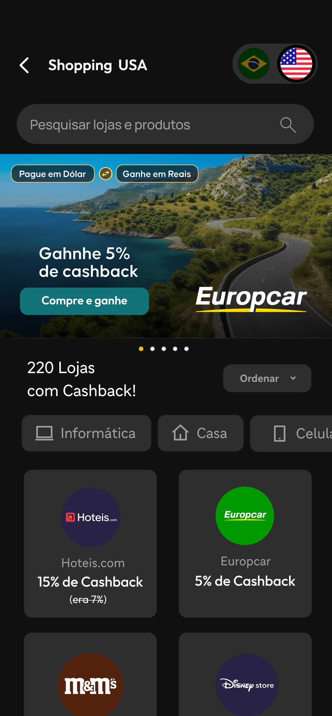 Shopping USA, tela real do app